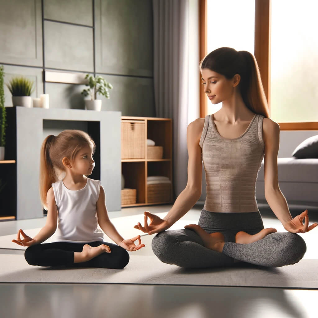 mother and her young daughter practicing yoga together