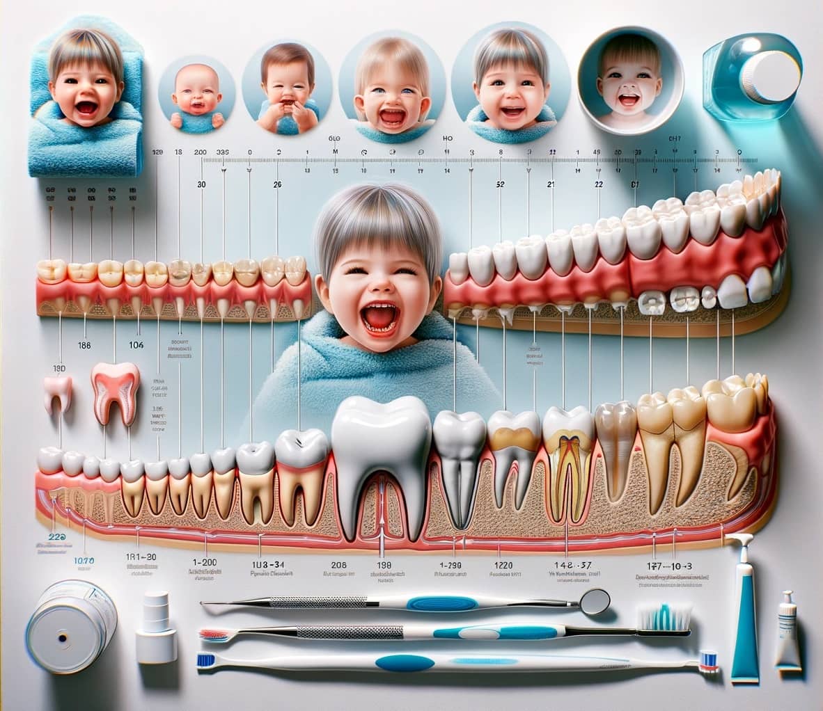 engaging, informative timeline of the emergence and progression of baby teeth into permanent teeth
